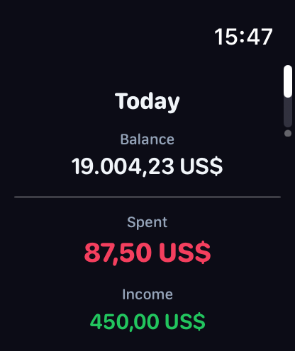 Expense Tracker Genius on Apple Watch showing today summary