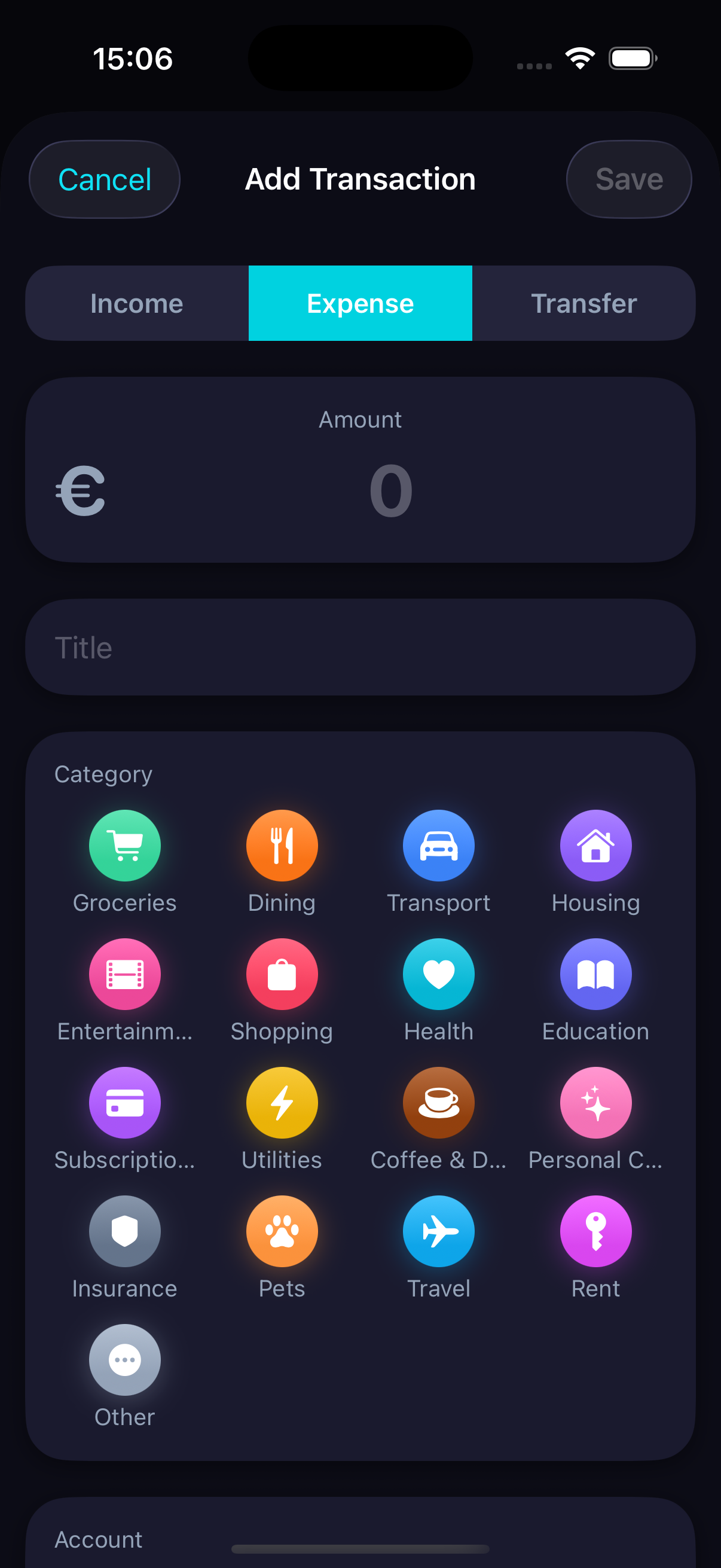 Add transaction screen with receipt photo and currency selection